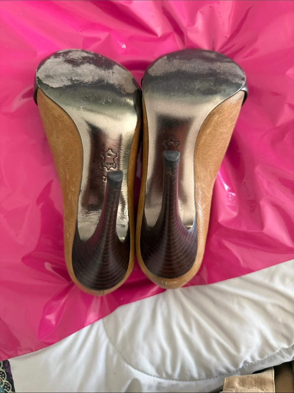 Tory Burch Brown Leather Peep-Toe Heels with Black Faceted Gems